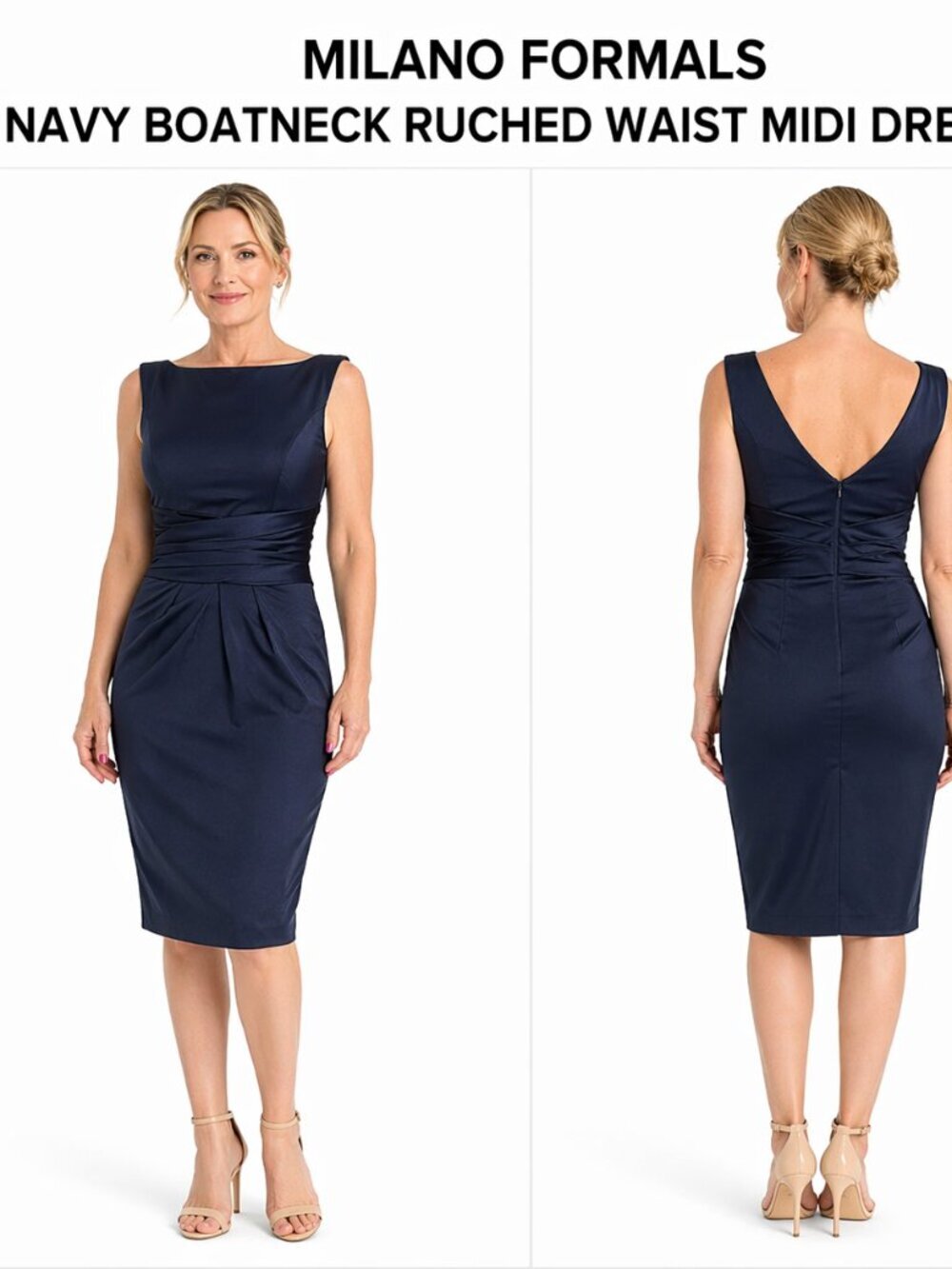 Milano Formals Navy Ruched Waist Midi Dress 2
